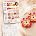 Polymer clay layered flower hoop earrings displayed beside a step-by-step tutorial sheet and actual-size printable template guide.